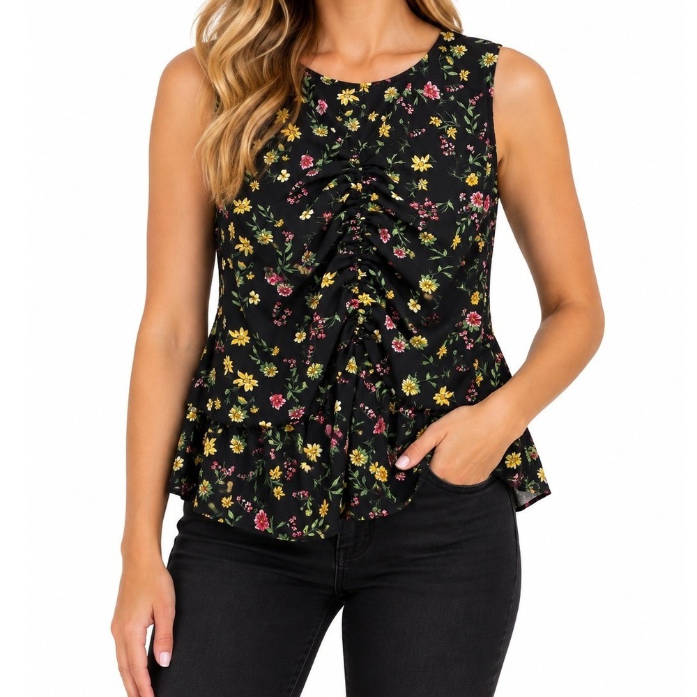 *NWT* Pleione Floral Ruched Peplum Blouse Women Size S Black Casual Sleeveless